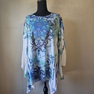 Cal Style Blouse Plus Sz 3XL Multicolored Paisley Tunic Beaded Scoop Neck N587